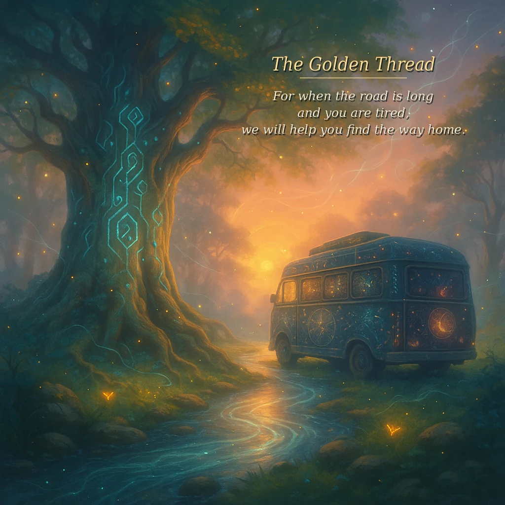 Golden Thread project artwork: a warmly lit bus beside an old tree and winding path. Its motto reads, ‘For when the road is long and you are tired, we will help you find the way home.’